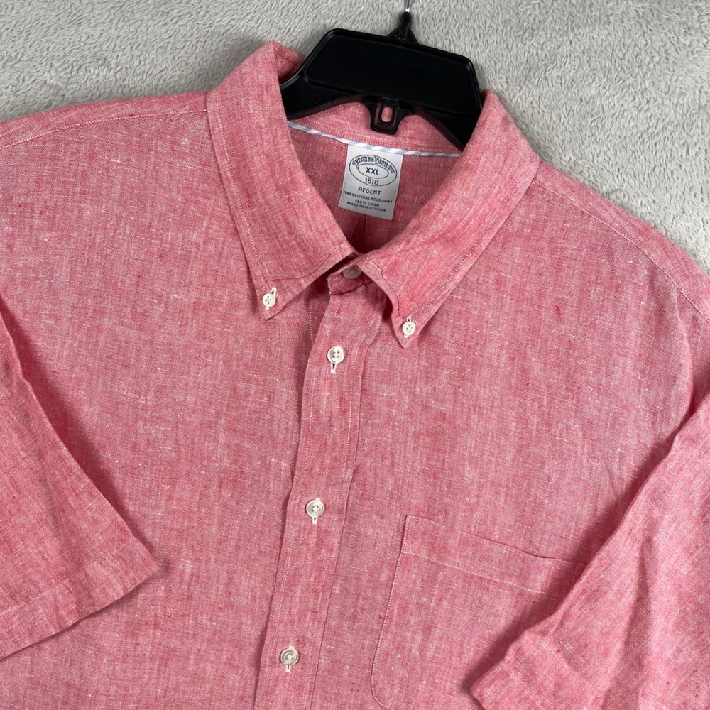 Brooks Brothers Shirt Mens 2XL Red Regent 100% Linen Short Sleeve Button Up